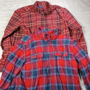 L LOT 2 Mens Plaid Flannel Shirts Red Maroon Cabincore Heritage Soft-Utility L